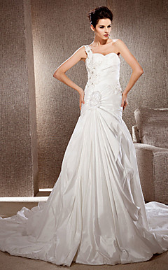 A-line One Shoulder Taffeta Wedding Dress With Chapel Train