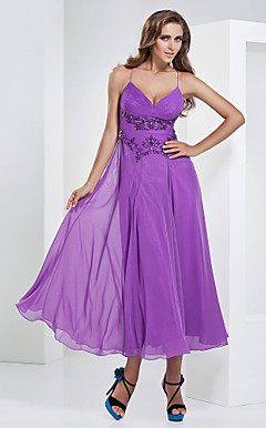 Sheath/Column V-neck Tea-length Chiffon Evening Dress
