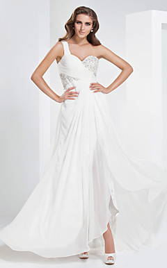 A-line One Shoulder Sweep/Brush Train Chiffon Evening Dress