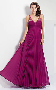 A-line Straps V-neck Floor-length Chiffon Evening Dress