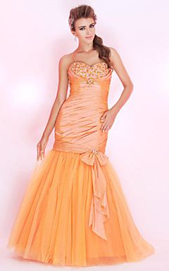 Trumpet/Mermaid Spaghetti Straps Floor-length Tulle And Taffeta Prom Dress