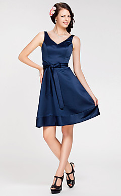 A-line V-neck Knee-length Satin Bridesmaid Dress