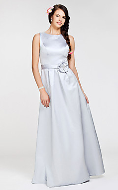 A-line Jewel Floor-length Satin Bridesmaid Dress
