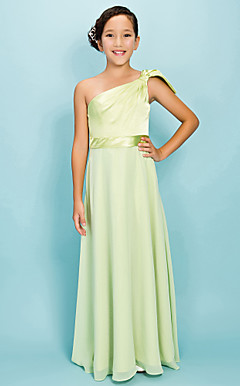 a-lijn een schouder vloer-length chiffon elastisch geweven satijn junior bruidsmeisje jurk
