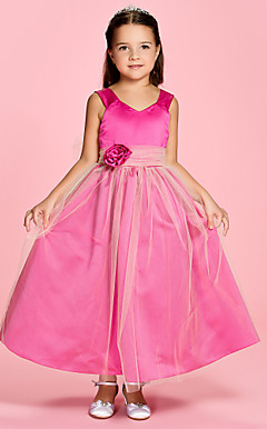 A-line Straps Ankle-length Satin Flower Girl Dress