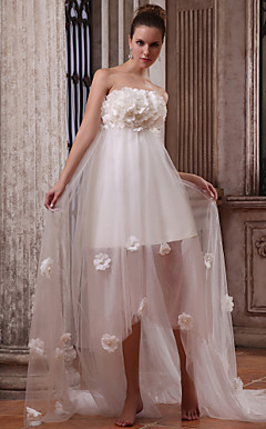 A-line Strapless  Asymmetrical Tulle Satin Wedding Dress