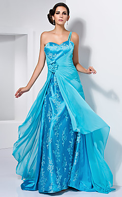 A-line One Shoulder Sweetheart Chiffon Over Stretch Satin Evening Dress
