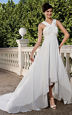 Sheath/Column V-neck Chapel Train Asymmetrical Chiffon Wedding Dress