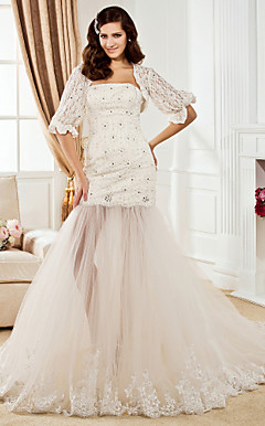 Trumpet/Mermaid Strapless Chapel Train Lace And Tulle Wedding Dress With A Wrap