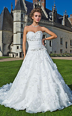 A-line Sweetheart Strapless Chapel Train Organza Wedding Dress