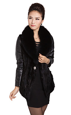 Charming Long Sleeve Fox Fur Collar Mink Fur Bottom Hem Evening/Casual Lambskin Leather Jacket