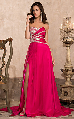 A-line Sweetheart Sweep/ Brush Train Chiffon Evening Dress