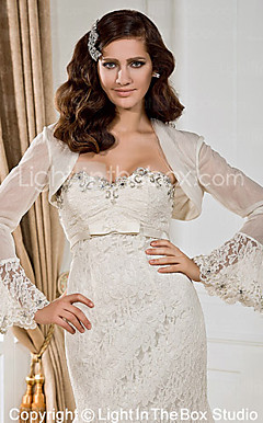 Elegante larga de organza mangas y Wrap Encaje vestido de novia chaqueta / boda