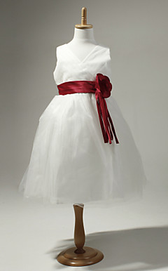 Satin And Tulle Sleeveless Flower Girl Dress With Flower