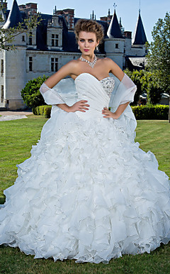 Ball Gown Sweetheart Strapless Chapel Train Organza Wedding Dress With A Wrap