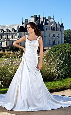 A-line V-neck Chapel Train Satin Wedding Dress