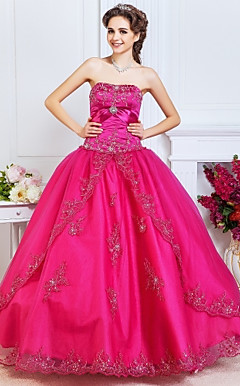 Ball Gown Strapless Floor-length Satin And Tulle Evening Dress With Beading And Crystal Brooch