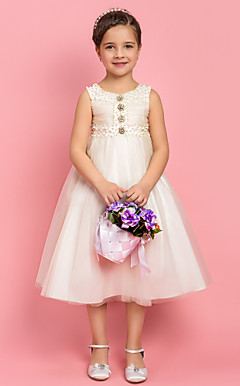 A-line Princess Jewel Tea-length Tulle Flower Girl Dress