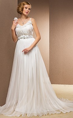 A-line Princess Straps Sweetheart Chapel Train Chiffon And Organza Wedding Dress
