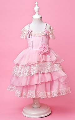 A-line|Princess Off-the-shoulder|Spaghetti Straps Tea-length Organza and Satin  Flower Girl Dress