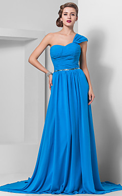 Sheath/Column One Shoulder Chapel Train Chiffon Evening Dress