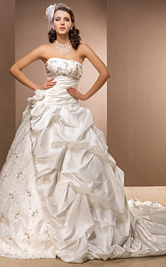 Ball Gown Strapless Satin And Taffeta Cathedral Train Wedding Dress with Pick-ups