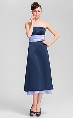 A-line Strapless Tea-length Satin Bridesmaid Dress
