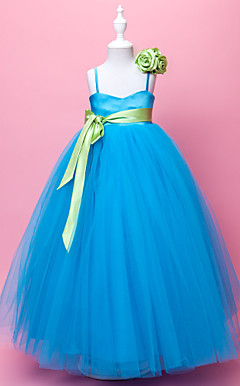 Ball Gown Spaghetti Straps Floor-length Satin And Tulle Lovely Flower Gril Dress