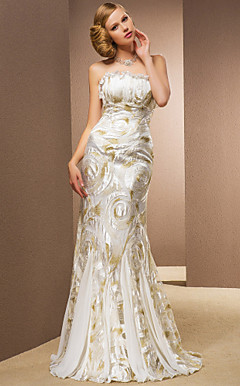 vestido de novia de gasa y encaje palabra de longitud sin tirantes de la trompeta / de la sirena