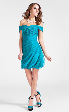 schede / kolom off-the-shoulder knielange organza en stretch satijnen cocktailjurk