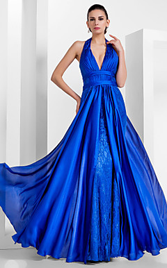 tromba / sirena capestro pavimento-lunghezza satin abito da sera in chiffon e pizzo