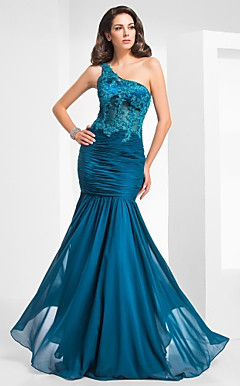 trompete / sereia um ombro assoalho-comprimento de tule e vestido de noite chiffon