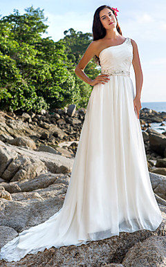 A-line One Shoulder Chapel Train Chiffon Wedding Dress