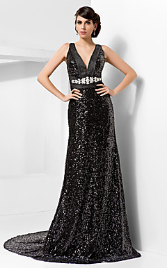 Sheath/Column V-neck Court Train Sequined Evening Dress