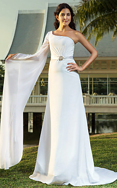 Sheath/Column One Shoulder Sweep/Brush Train Chiffon Wedding Dress With Removable Belt