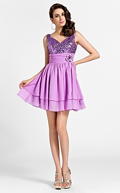 Abito A-Line V-collo corto / mini chiffon e paillettes cocktail