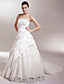  A-line/Princess Strapless Chapel Train Satin Luxury Wedding Dress With Beaded Lace Appliques
