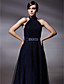  Virginia Madsen A-line Halter Sweep/ Brush Train Tulle Elastic Woven Satin Oscar/ Evening Dress (FSM0669)