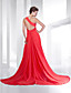  A-line One Shoulder Court Train Chiffon Evening Dress With Split Front