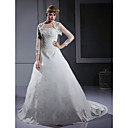 A-line Scalloped-Edge Neckline Court Train Satin Wedding Dress with Wrap