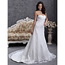 A-line Sweetheart Court Train Lace Over Satin Wedding Dress
