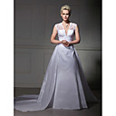A-line V-neck Taffeta Lace Court Train Wedding Dress