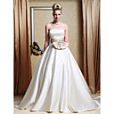 A-line Strapless Chapel Train Satin Wedding Dress with Ribbon