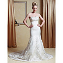 Trumpet/ Mermaid Strapless Court Train Satin Wedding Dress with Embroidery