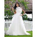 A-line Strapless Sweep/Brush Train Tulle Wedding Dress