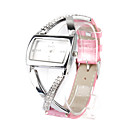 Pink PU Leather Band Women's Quartz Wrist Watch with Crystal Decoration