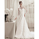A-line Jewel Court Train Lace Satin Wedding Dress
