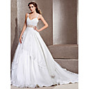 A-line V-neck Cathedral Train Lace Taffeta Wedding Dress