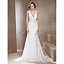 Exquisite Trumpet/ Mermaid V-neck Court Train Elastic Woven Satin Wedding Dress