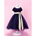 A-line Jewel Tea-length Velvet And Tulle Flower Girl Dress